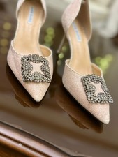 Manolo Blahnik Hangisi Nude Blush Satin Crystal Buckle Pumps Heels 100mm Pointed