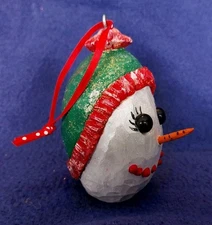 Handmade Wooden Snowman Head Ornament  Carrot Nose Coal Eyes Green Cap