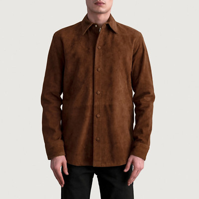 Brown Leather Shirt jacket for Men Pure Suede Custom Made Size S M L XXL 3XL