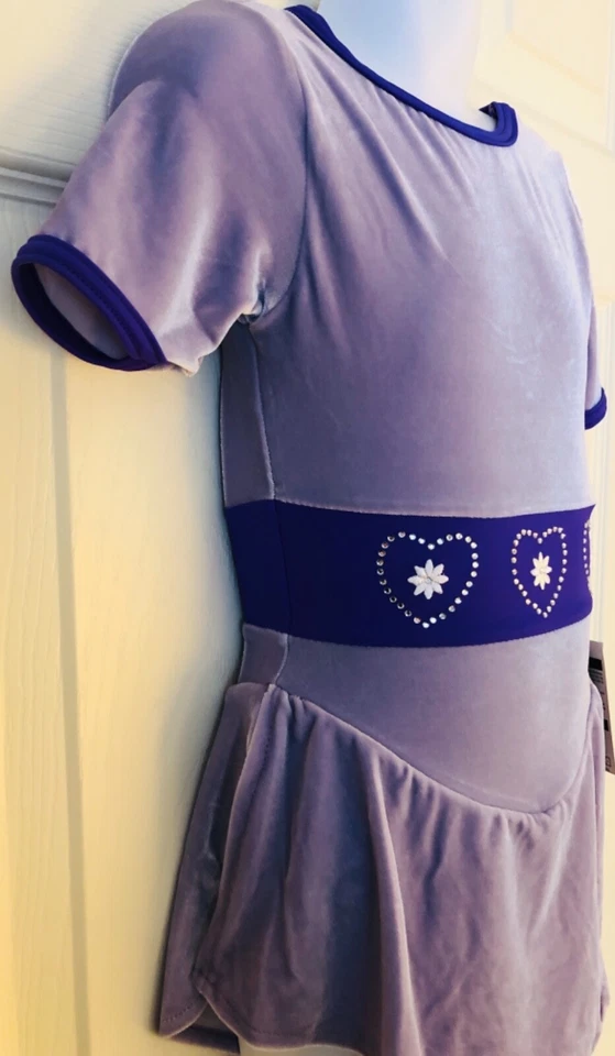 GK ICE FIGURE SKATE GIRLS SMALL SSLV PURPLE VELVET JA HEARTS FLORAL DRESS CS NWT - Image 4 of 4