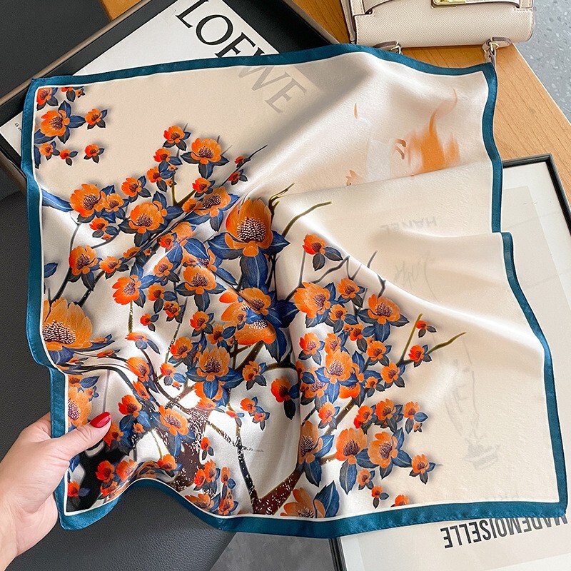 Vintage Floral Mulberry Silk Scarf 53x53cm for Women