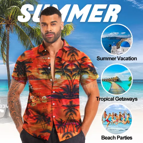 Hawaiianisches Hemd Herren Kokosnussbaum Druck Strand Urlaub Aloha Party kubanischer Kragen - Bild 4 von 48