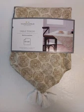 Threshold 50" x 50" Square Beige Medallion Table Throw with Tassels NEW