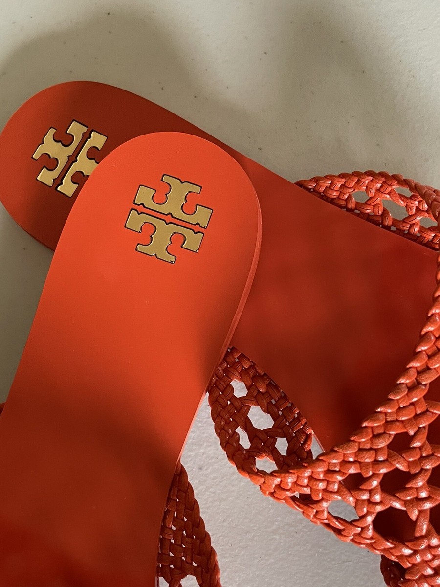 TORY BURCH WOVEN CALF LEATHER FLAT SLIDES IN DESERT FLOWER