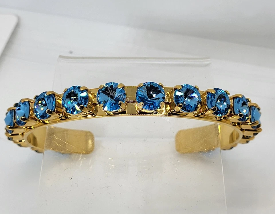 Brazalete chapado en oro con piedras aguamarina cristal Swarovski m/w; marzo Foto 2 de 3