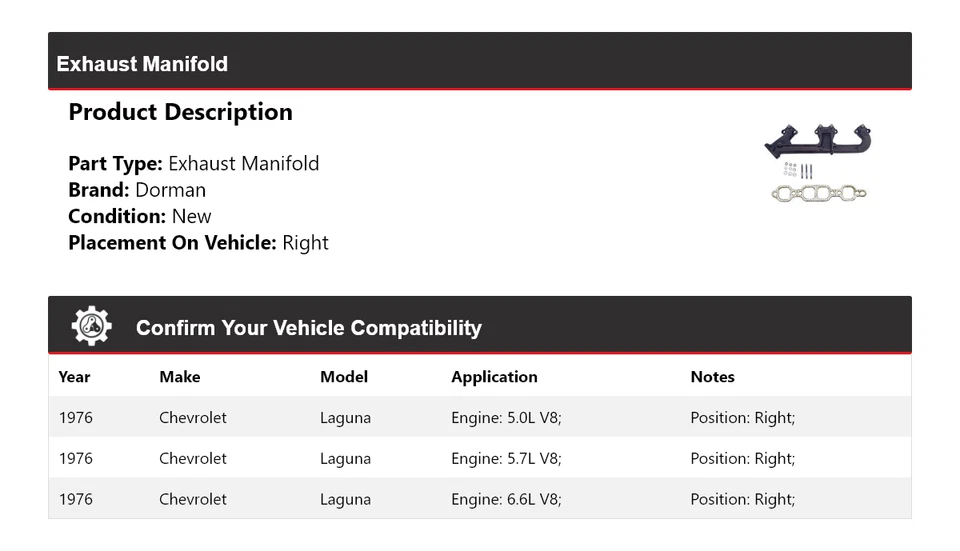 Правый выпускной коллектор для 1976 Chevrolet Laguna Dorman - Изображение 2 из 4