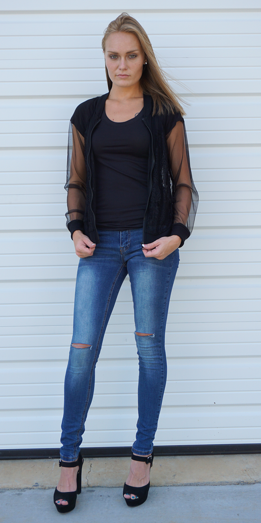 Black Sheer Lace Bomber Jacket S M L NWT by Haute Monde Black Sheer Lace Bomber Jacket S M L NWT by Haute Monde