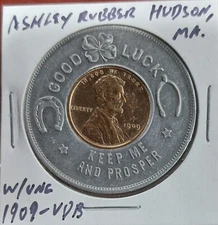 ✰Encased Cent UNC 1909-VDB Apsley Rubber Co Hudson MA Lincoln Wheat 1c Good Luck
