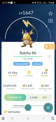 Raichu ( Party Hat ) ( Caught In 2018 ) Pokemon Tr@de Go