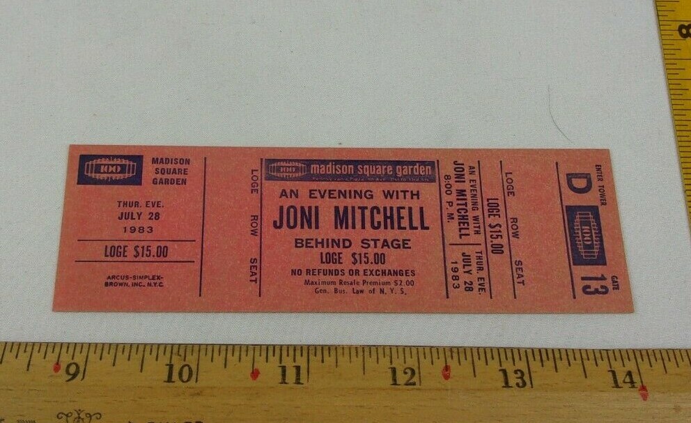 Joni Mitchell 1983 Madison Square Garden concert ticket Full