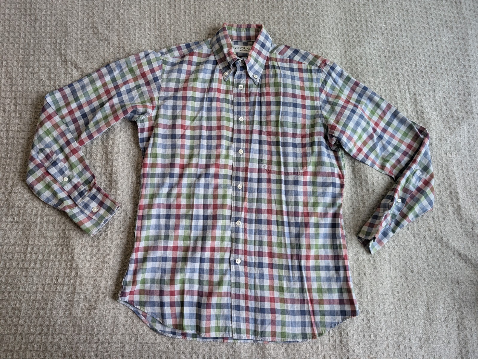 Epaulet NY Shirt Men Large 44 Gray Red Blue Green Check Button Up Long Sleeve
