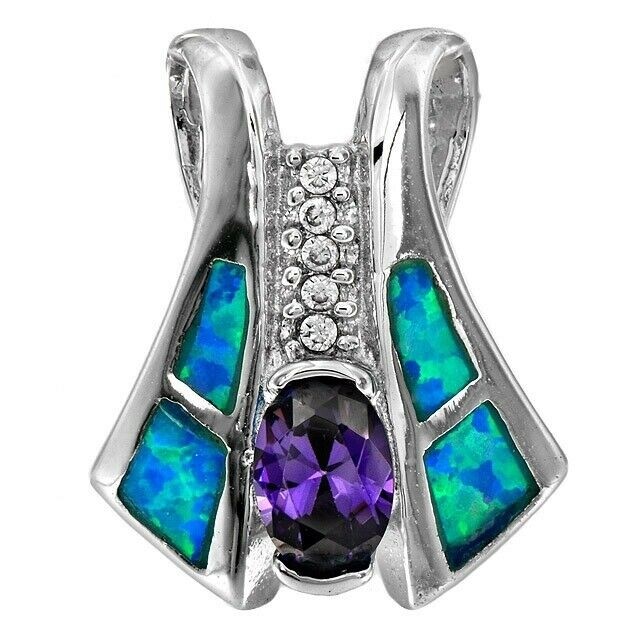 Amethyst & Australian Opal Inlay 925 Solid Sterling Silver Pendant EO3