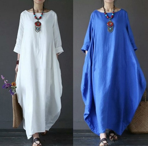 Abito da donna lino cotone top abito caftano sciolto lungo pipistrello maxi abito camicia - Foto 6 di 26