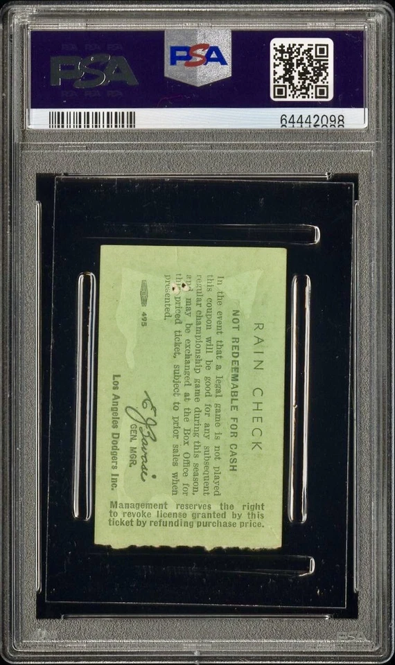 SANDY KOUFAX & LA’s 1ST WIN @ DODGERS STADIUM/CHAVEZ RAVINE TICKET 4/11/1962 PSA - Image 3 of 4