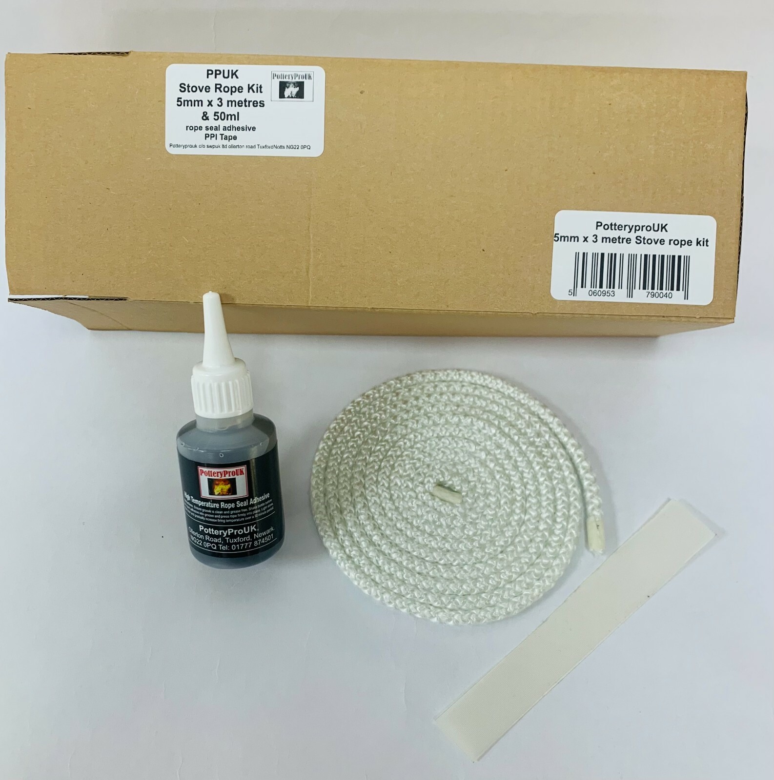 5mm Stove Rope Kit: 3m Glass Fibre Rope, 50ml Glue,  & Tape * Made in the UK*