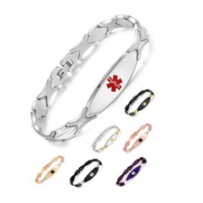 CUSTOM ENGRAVE 10 Color Choices Stainless Steel Sleek Link Medical Id Bracelet