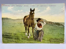 c 1910 COWGIRL Horse LONG GUN Langenecker SOUTH DAKOTA Postcard Antique