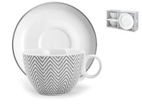 H&H Set 2 Jumbo Tassen Porzellan Tuch Weiß Grau Mit Untertassen