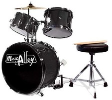 3 Piece Kids Drum Set with Drum Sticks  Drum Throne Seat Metallic Black