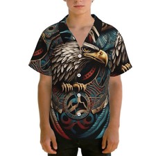 Boys Kids Teens Hawaiian Shirt Short Sleeve Tribal Native Eagle Black