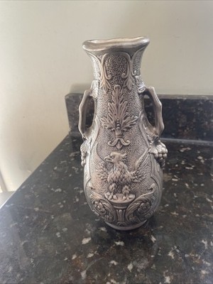 Vintage MCM Art Pottery Vase Raised American Eagle Design Handles