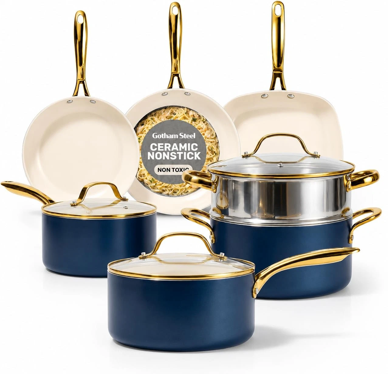 Ceramic Cookware Set 12 Pc Nonstick Pots Pans Steamer Oven Safe Gotham Steel