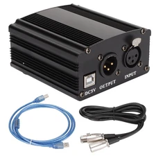 48V Phantom Power Supply For Condenser Mics, USB-Powered With XLR Cable, Black