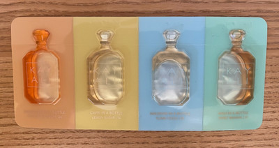 KAY ALI, EDP, SET OF 4 PERFUME SAMPLES ON CARD, Marrakesh, Capri, Maldives, Maui