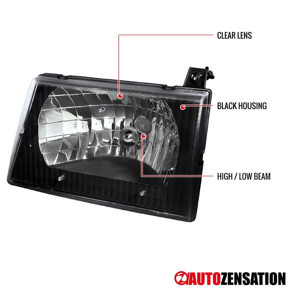 Fit 1992-2006 Ford E150 E250 E350 Econoline Black Headlights Lamps Left+Right - Image 3 of 4