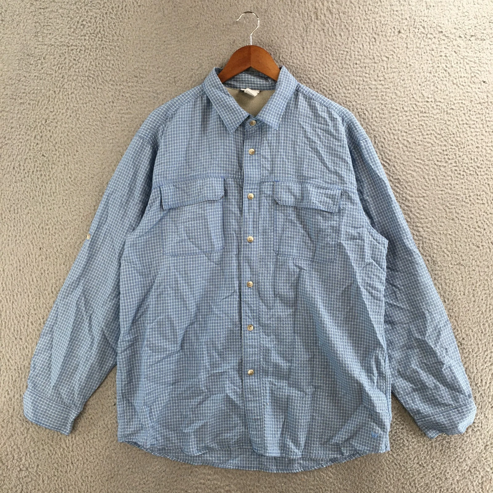 White Sierra Fishing Shirt Mens XL Long Sleeve Vented Mesh Back Plaid Blue White