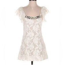 Free People White Lace Mini Dress Square neck Embellishments Ruffle Sleeve XS