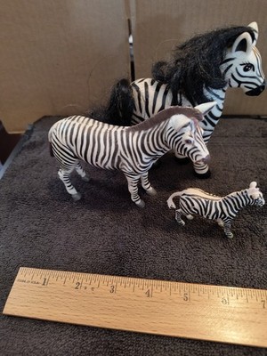Toy zebras, 3, different companies and scale, plastic, easy to clean