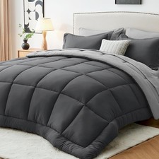 Sasttie Queen Comforter Set, 7 Pieces Bed Queen, Dark Grey  Light