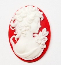 4 of 40x30mm White over Red Victorian Grecian Women Floral Resin Cameo Cabochon