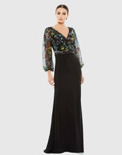 NEW, Mac Duggal Black Embroidered Illusion Puff Sleeve Gown in Size 18 #LD048