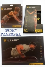 U.S. Army 3-Pc Fitness Set Ab Roller, Push-Up Bars, Weighted Jump Rope – New