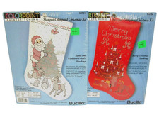 Set of 2 Bucilla Stamped Colorpoint Christmas Stocking Kits 1 White 1 Red Santa