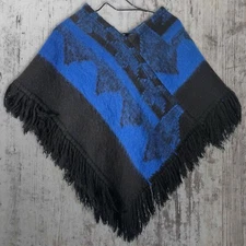 VTG BLUE AND BLACK WOVEN FRINGE KNIT PONCHO CAPE WOMENS ONE SIZE HANDMADE