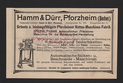 PFORZHEIM, Werbung 1912, Hamm & Dürr Pforzheimer Ketten-Maschinen-Fabrik