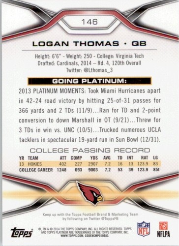2014 Topps Platinum LOGAN THOMAS RC #146 ARIZONA CARDINALS 🏈 - Picture 2 of 2