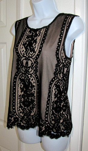 Max Studio Top Black-Lace-Over-Beige-Lining Sleeveless scallop/fringe-hem Wm. S