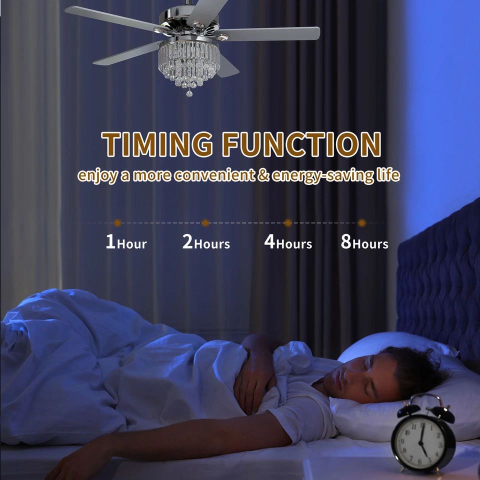 52 Inch Ceiling Fan with Light & Remote Bedroom Modern Crystal Fan Light Chrome - Image 4 of 4