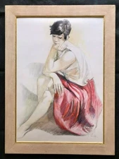 Mixd Media signed Alberto Longi FINE late 20th Century PAINTING Female Portrait 