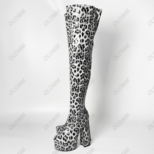 Women Platform Thigh High Boots Chunky Heel Round Toe Violet Party Shoes US 5-15 - Picture 34 of 43
