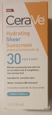 CeraVe  Hydrating Sheer Sunscreen  SPF 30  Face  Body Exp 9/2024