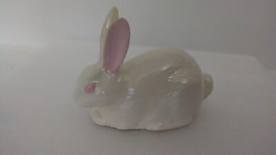 Vtg Pink White Ceramic Easter Bunny Rabbit Figure Figurine Holiday Decor 1970s