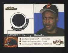 2000 SKYBOX  BARRY BONDS GAME WORN HAT SP   HATS OFF   GIANTS LEGEND   HOF ?