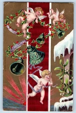 Christmas Postcard Angels Cherub Ringing Bells Holly Berries Embossed 1908