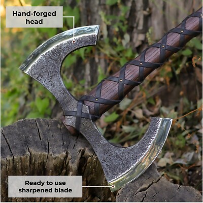 Hache De Combat Viking Double Tranchant - Forge Main Acier 1066 - 32,87" - 4,18 Lb