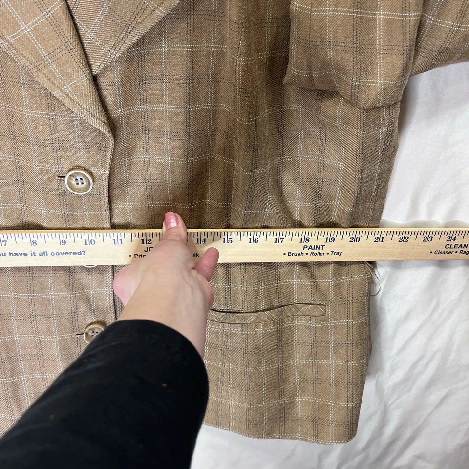Talbots Sz 18 Plaid Brown Silk Linen Blazer Jacket Career Equestrian Menswear - Image 2 of 4